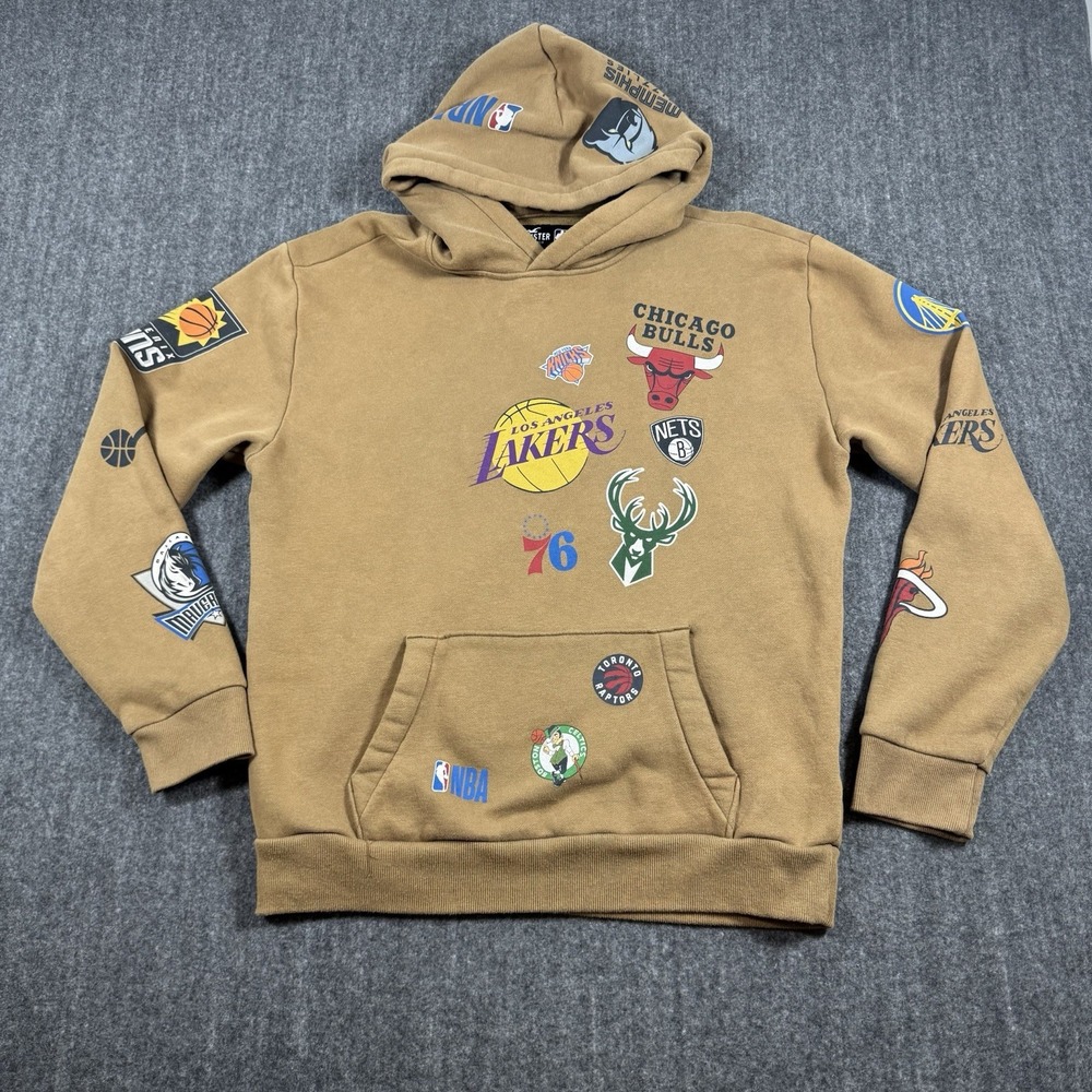 Hollister NBA Multi Logo Graphic Hoodie Men's Medium Tan Brown Streetwear
